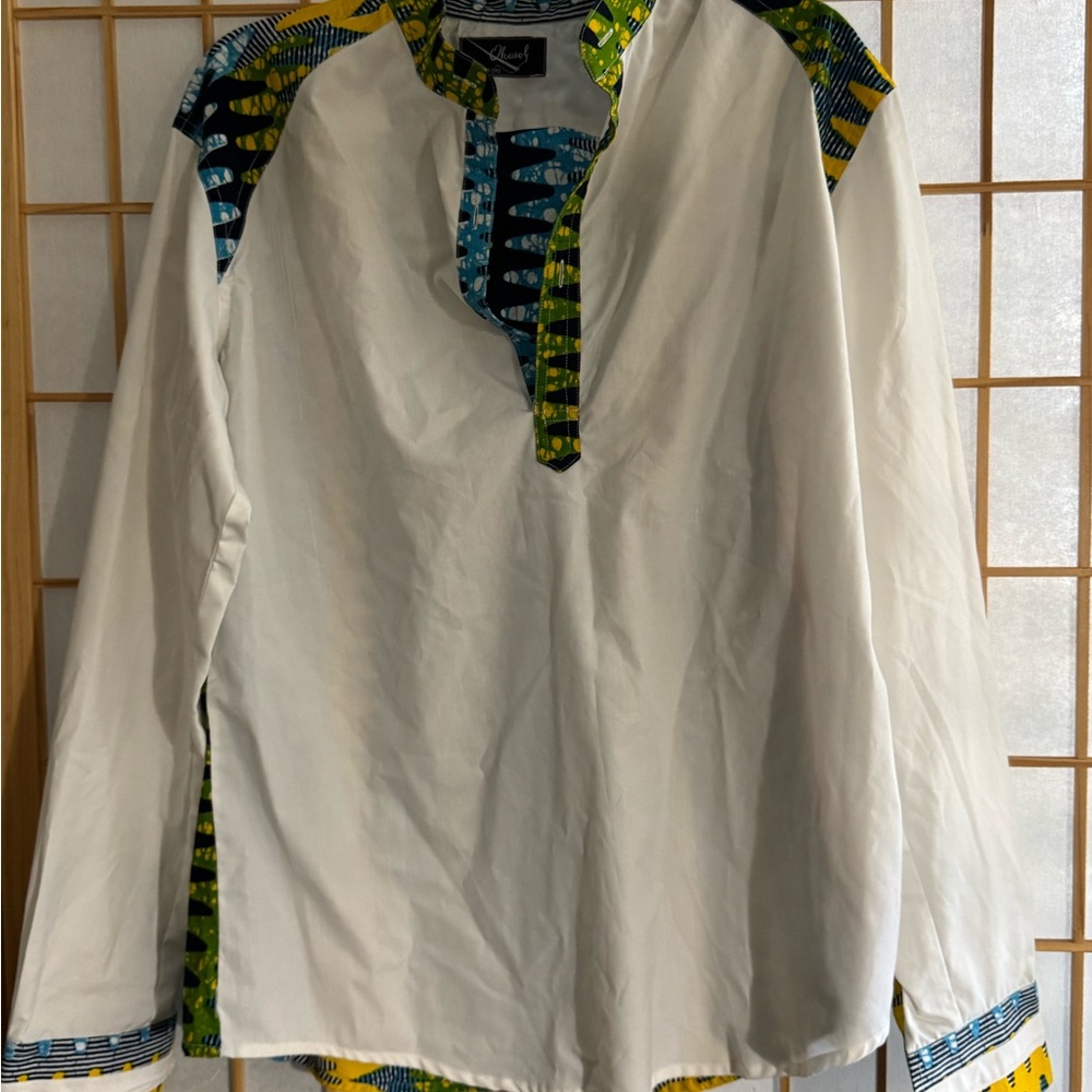 Men's White and Multicolor Patterned Shirt